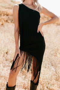 Chase The Feeling Asymmetric Fringe Mini Dress (Black) - NanaMacs
