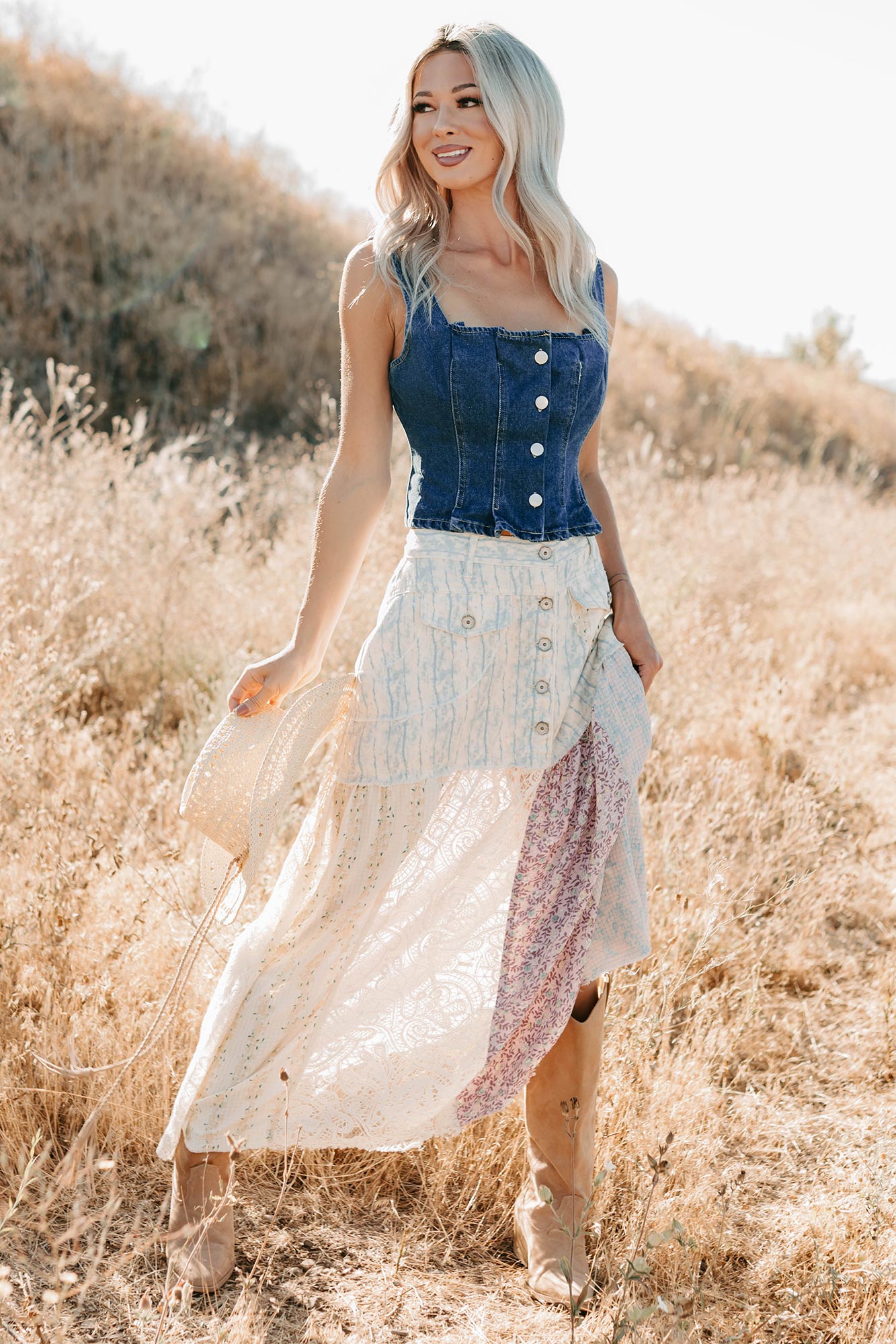 End Of Beginning Pleated Denim Tank Top (Denim) - NanaMacs