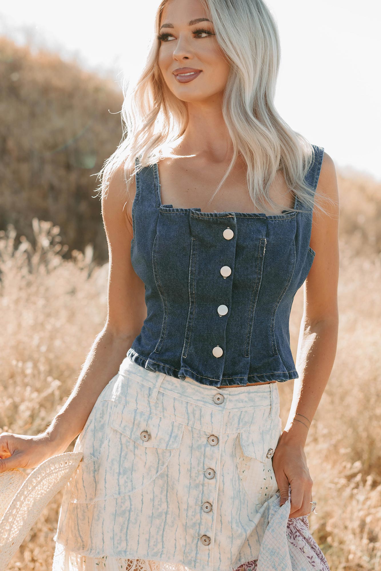 End Of Beginning Pleated Denim Tank Top (Denim) - NanaMacs