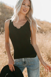 Daily Icon Notched Signature 8 Rib Knit Tank (Black) - NanaMacs