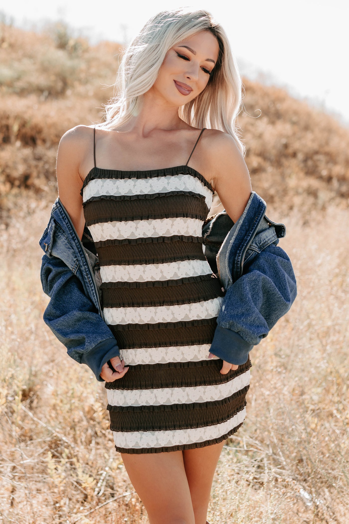 Later Babes Striped Lace Mini Dress (Brown) - NanaMacs