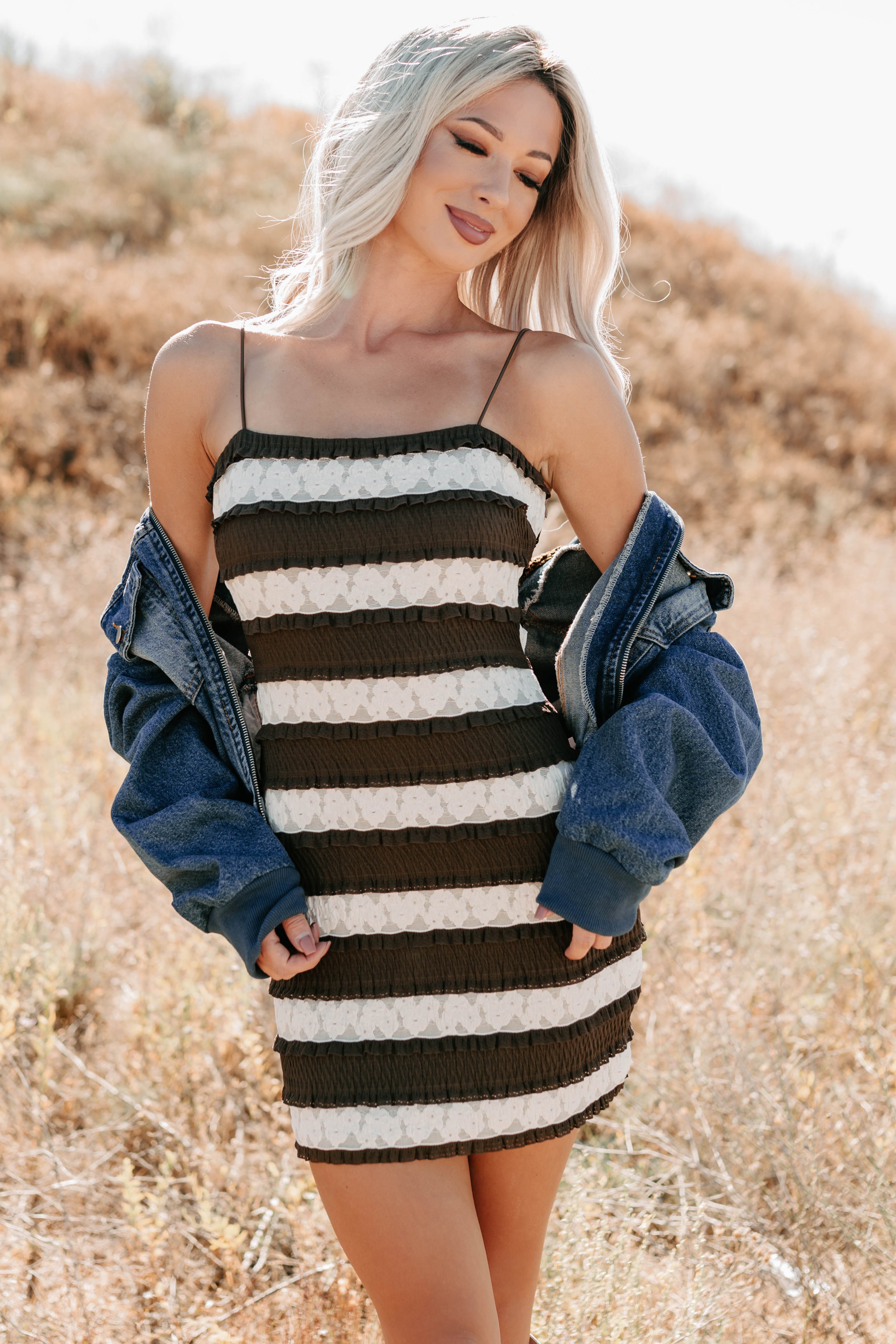 Later Babes Striped Lace Mini Dress (Brown) - NanaMacs