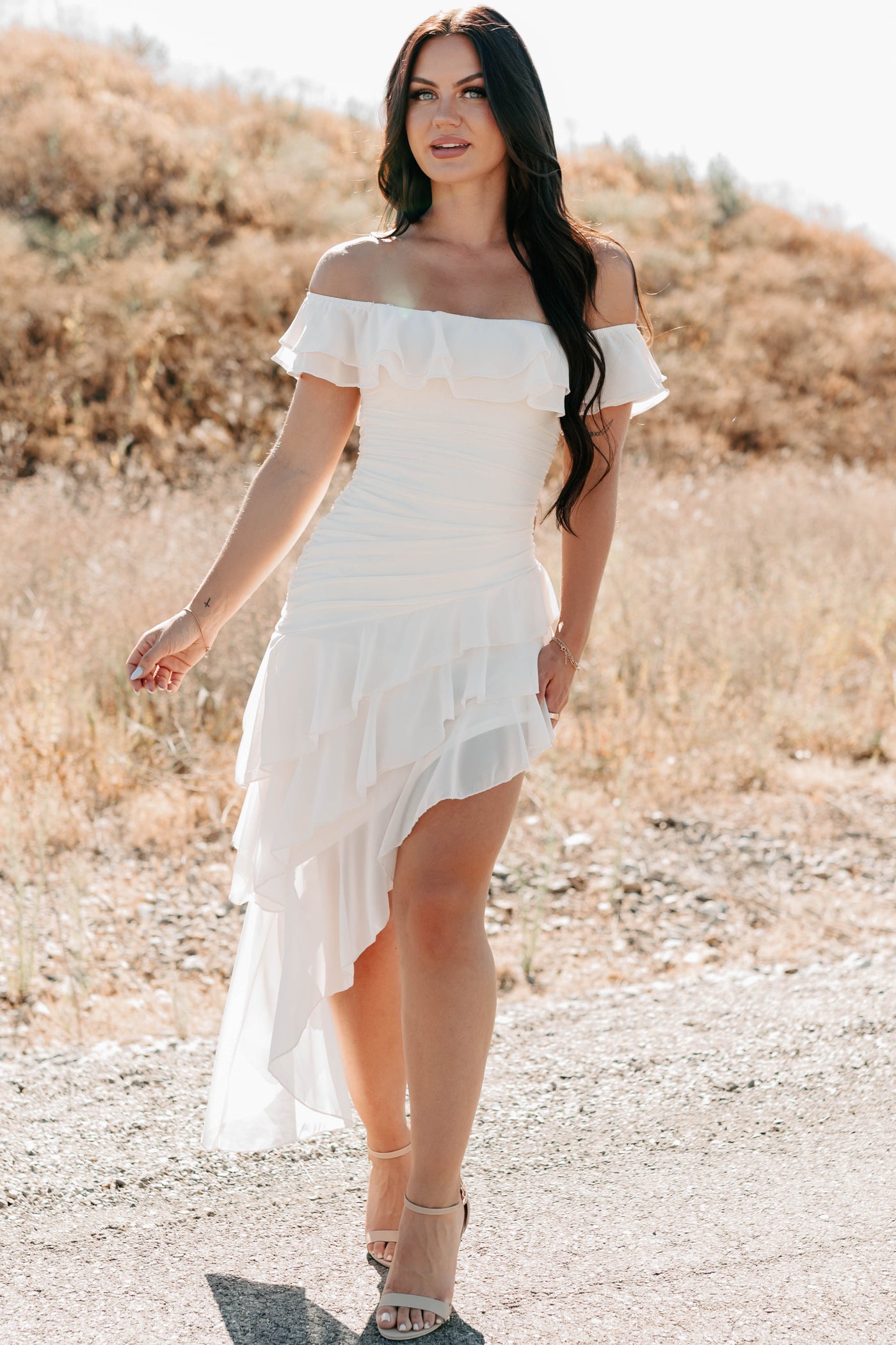 Perfectly Peachy Off The Shoulder Mini Dress (Ivory) - NanaMacs