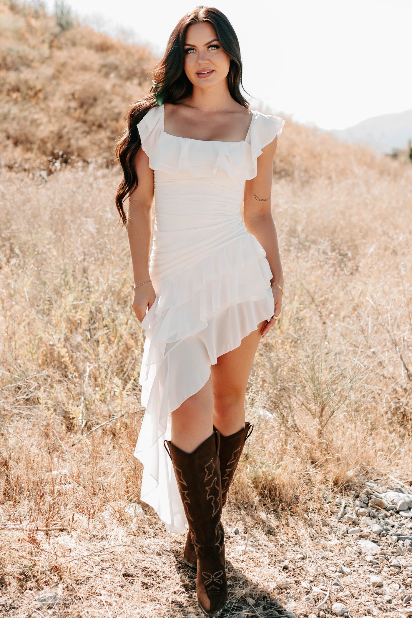 Perfectly Peachy Off The Shoulder Mini Dress (Ivory) - NanaMacs