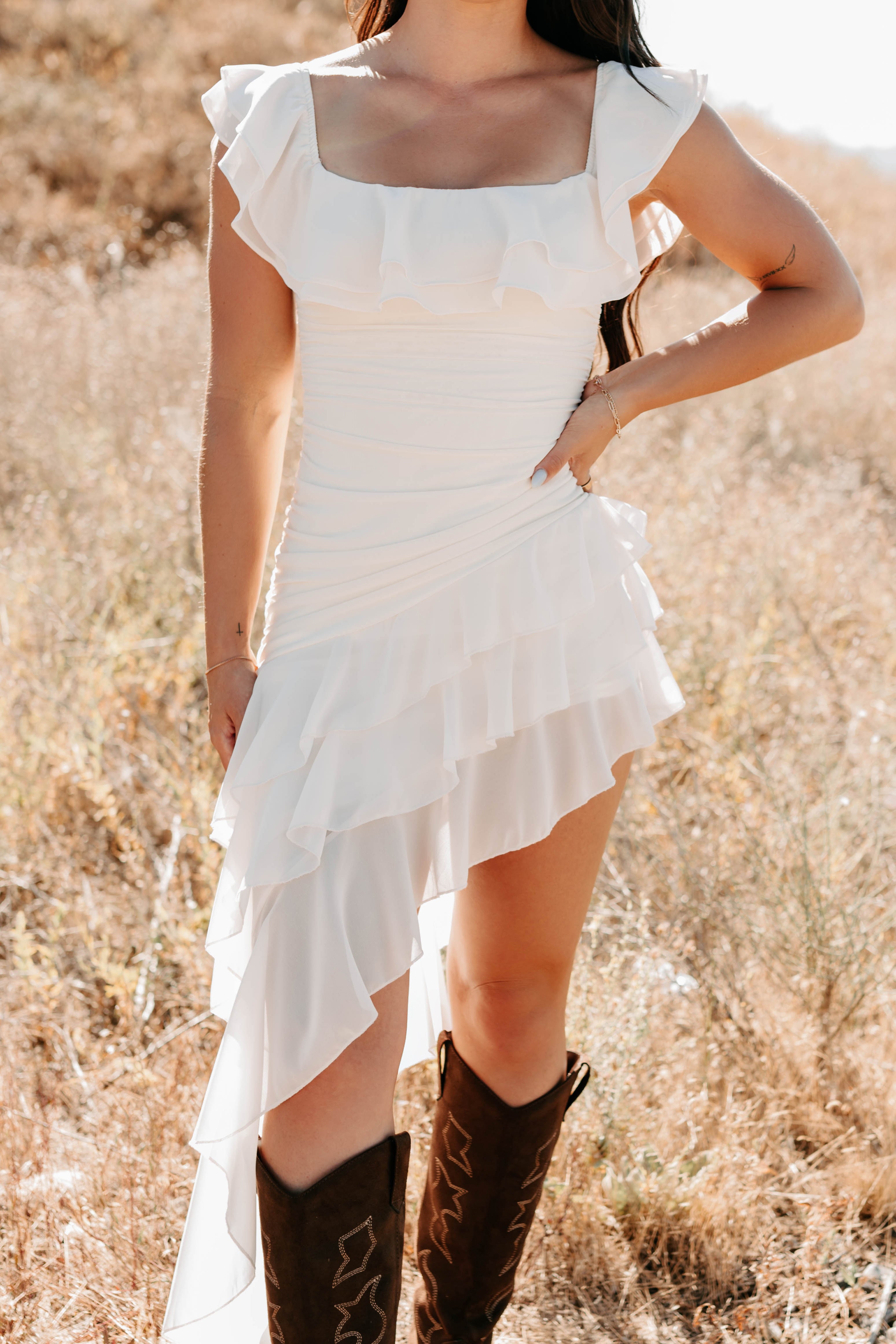 Perfectly Peachy Off The Shoulder Mini Dress (Ivory) - NanaMacs