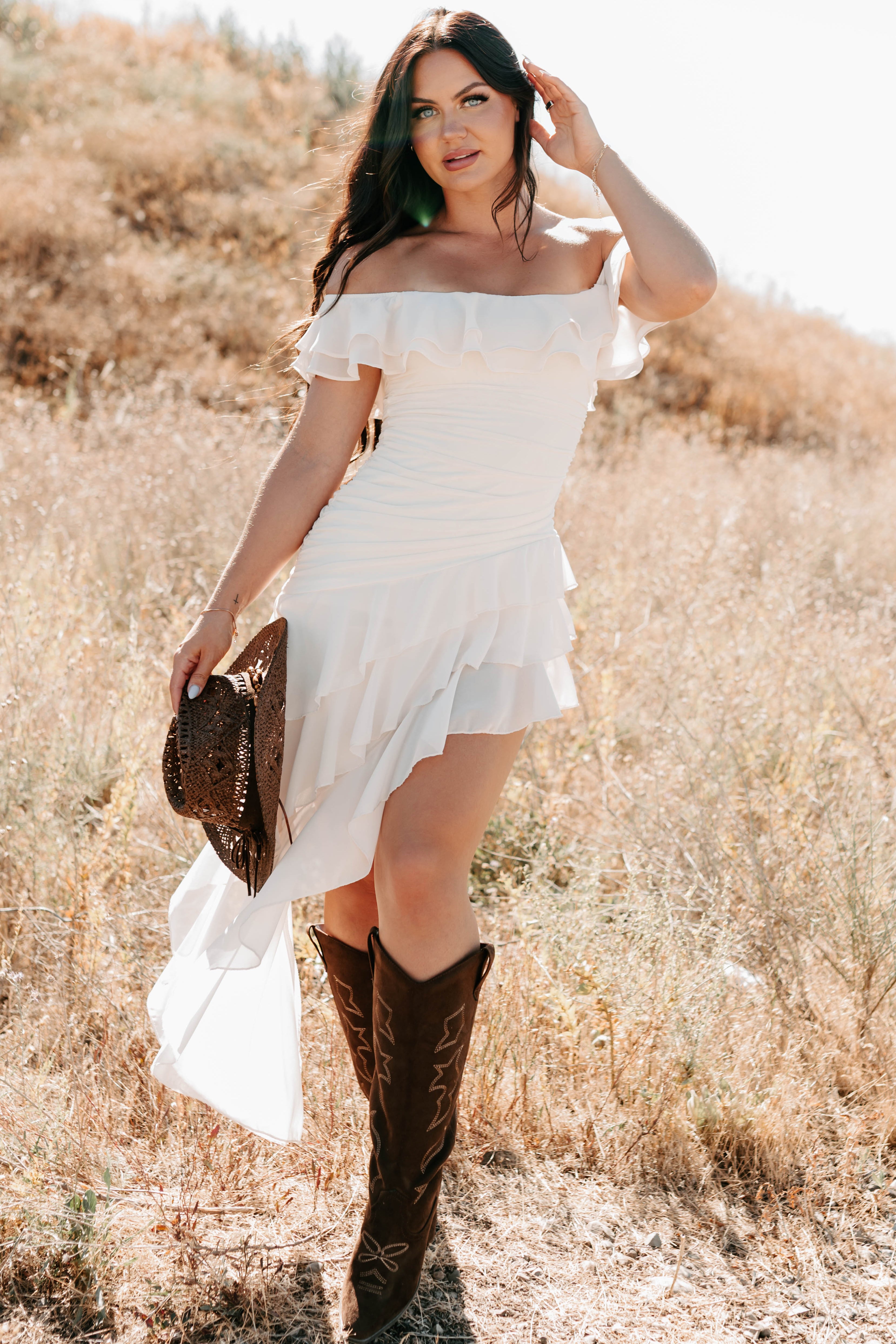 Perfectly Peachy Off The Shoulder Mini Dress (Ivory) - NanaMacs