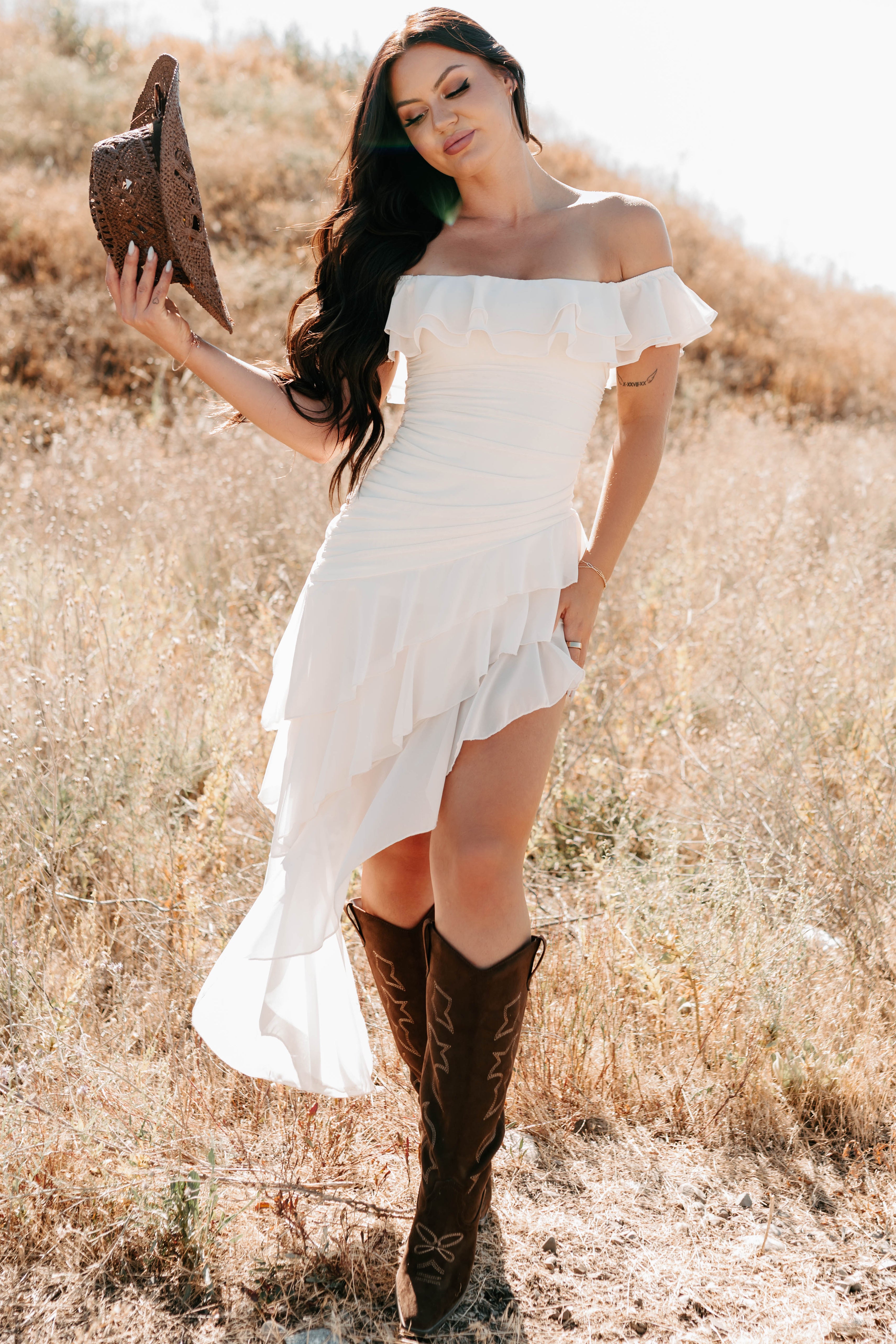 Perfectly Peachy Off The Shoulder Mini Dress (Ivory) - NanaMacs