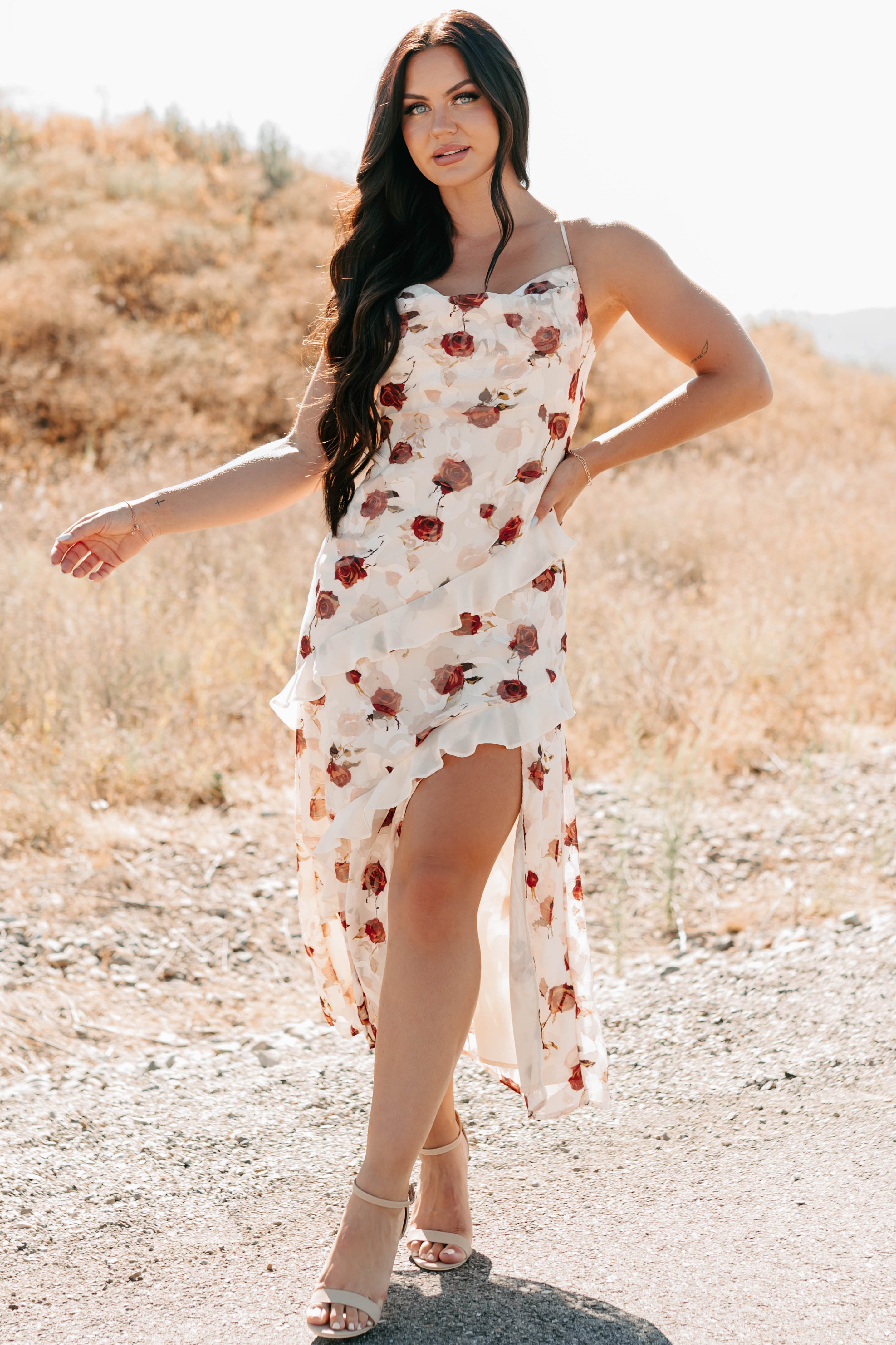 Inner Goddess Sleeveless Floral Midi Dress (Cream) - NanaMacs