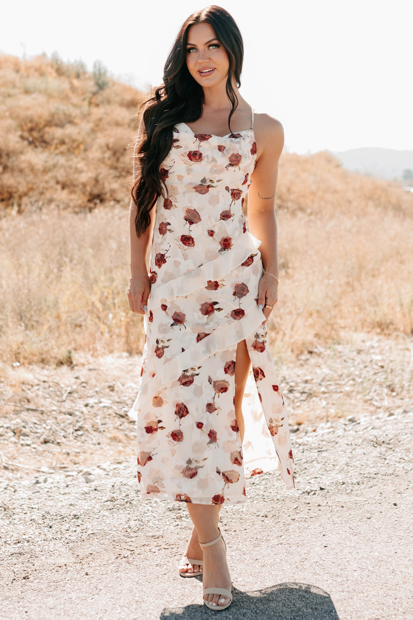 Inner Goddess Sleeveless Floral Midi Dress (Cream) - NanaMacs