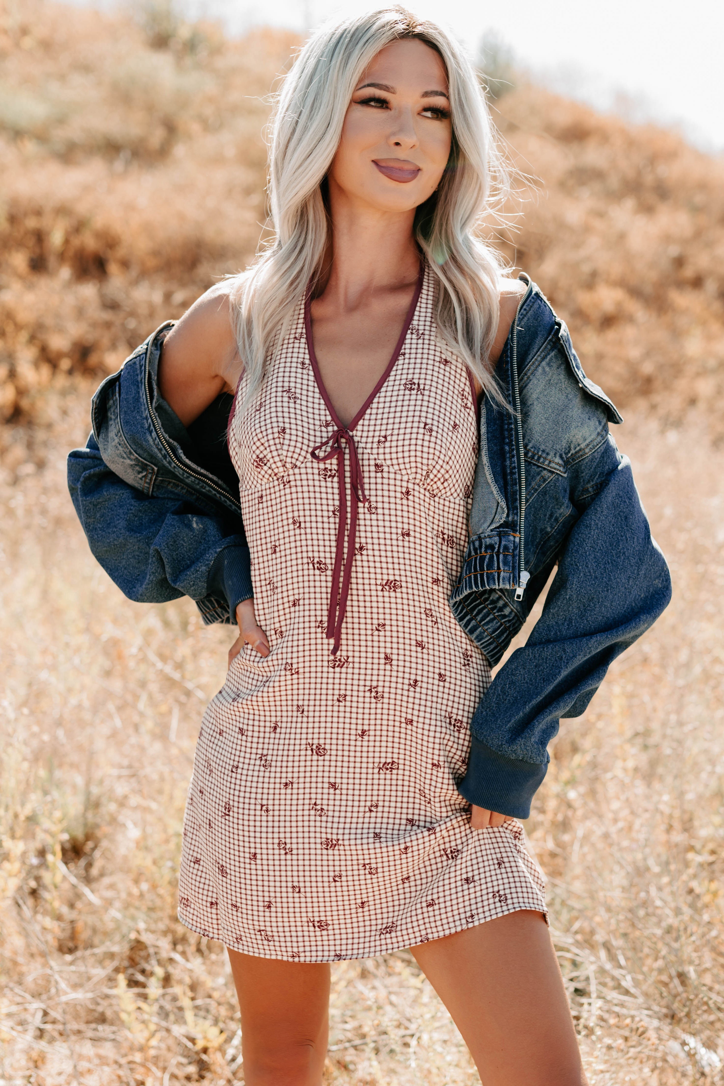 You Again Floral Gingham Halter Mini Dress (Burgundy) - NanaMacs