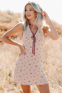 You Again Floral Gingham Halter Mini Dress (Burgundy) - NanaMacs