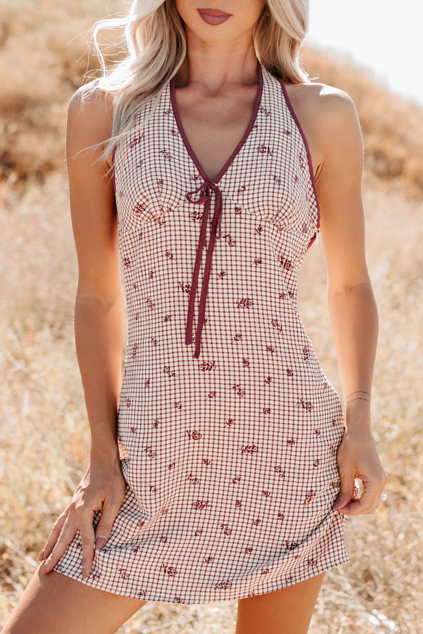 You Again Floral Gingham Halter Mini Dress (Burgundy) - NanaMacs