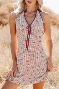 You Again Floral Gingham Halter Mini Dress (Burgundy) - NanaMacs