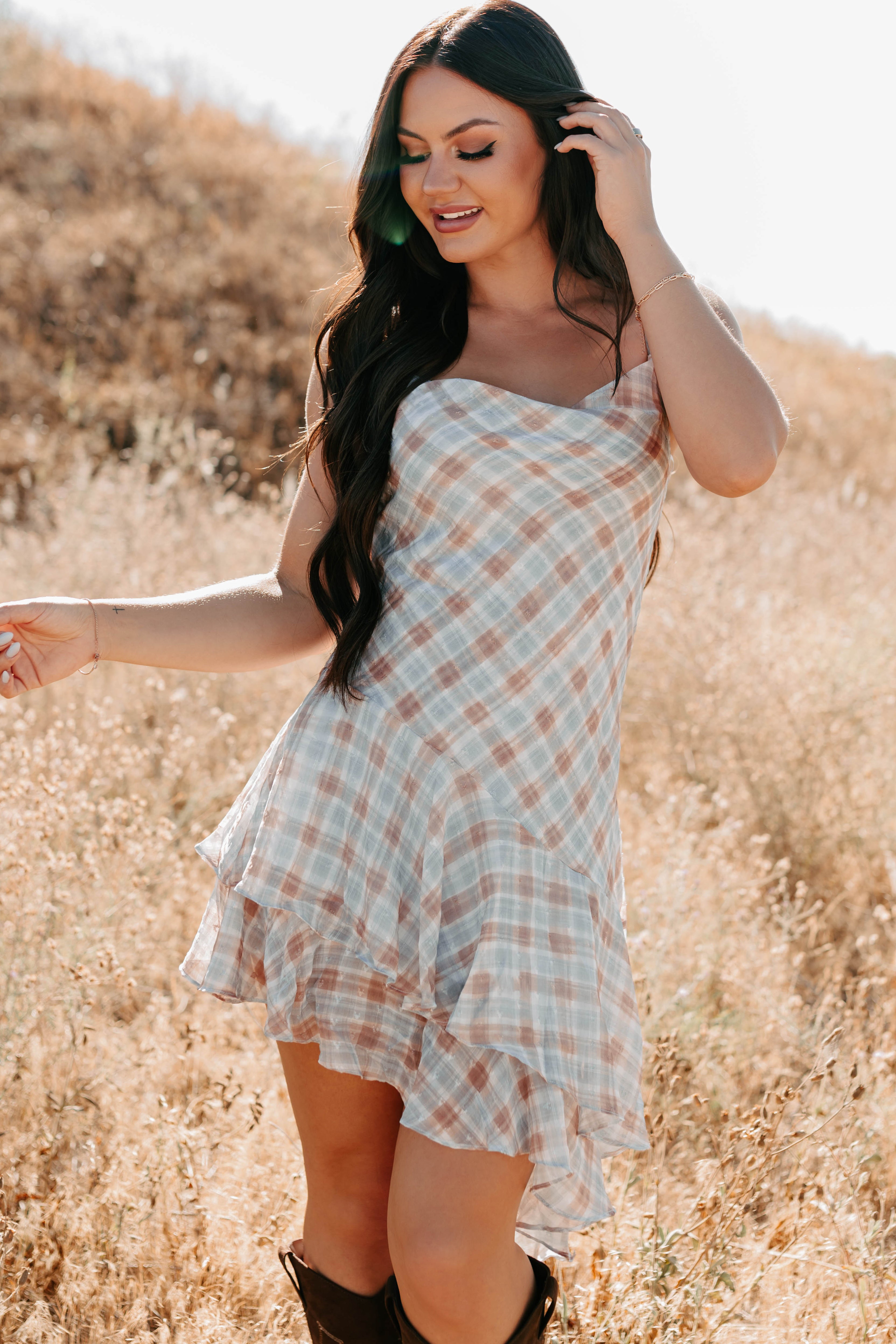 Queening Out Plaid Asymmetrical Mini Dress (Taupe/Grey) · NanaMacs