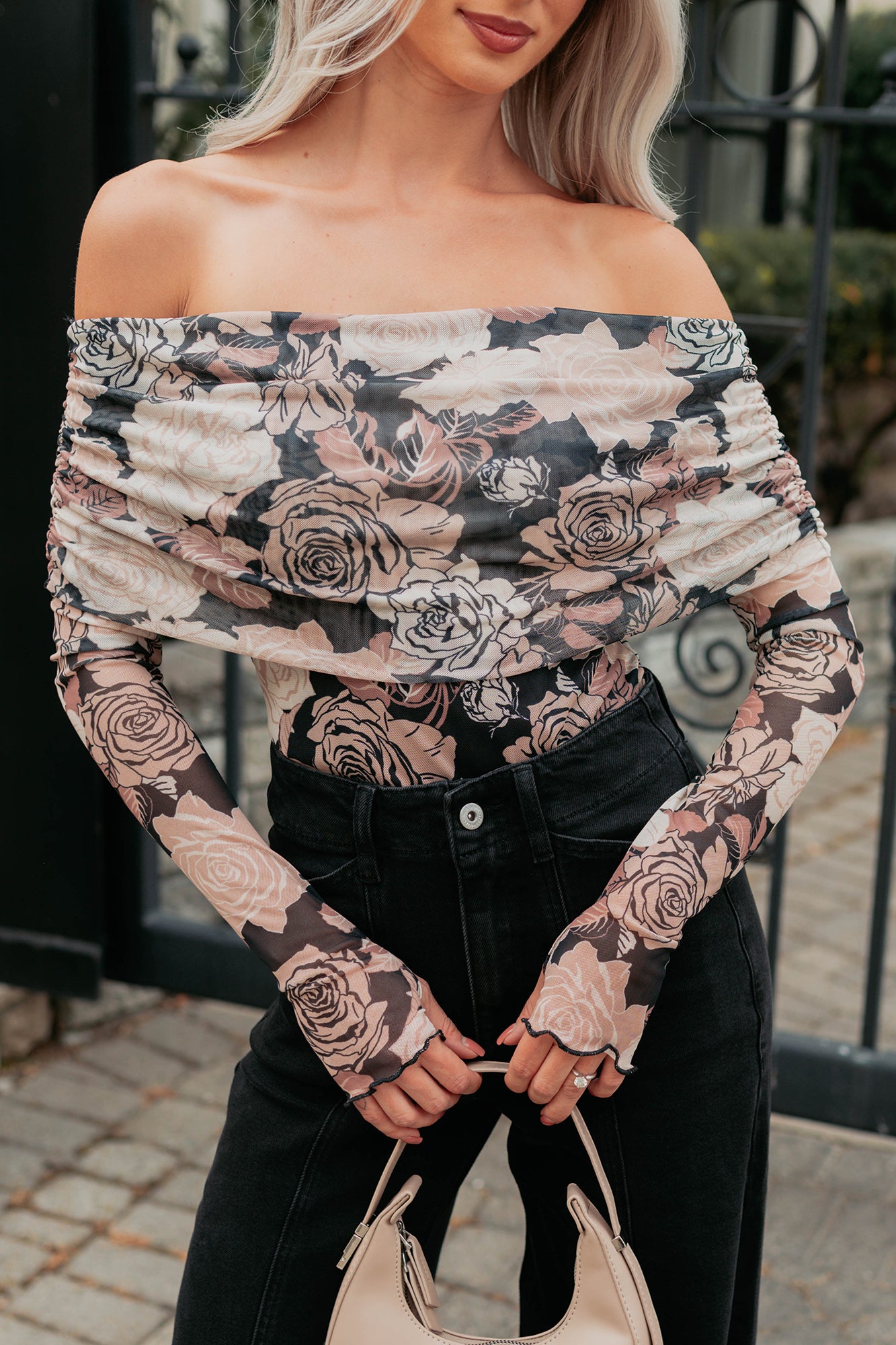 Feeling Rosy Off The Shoulder Floral Bodysuit (Black/Sand) - NanaMacs