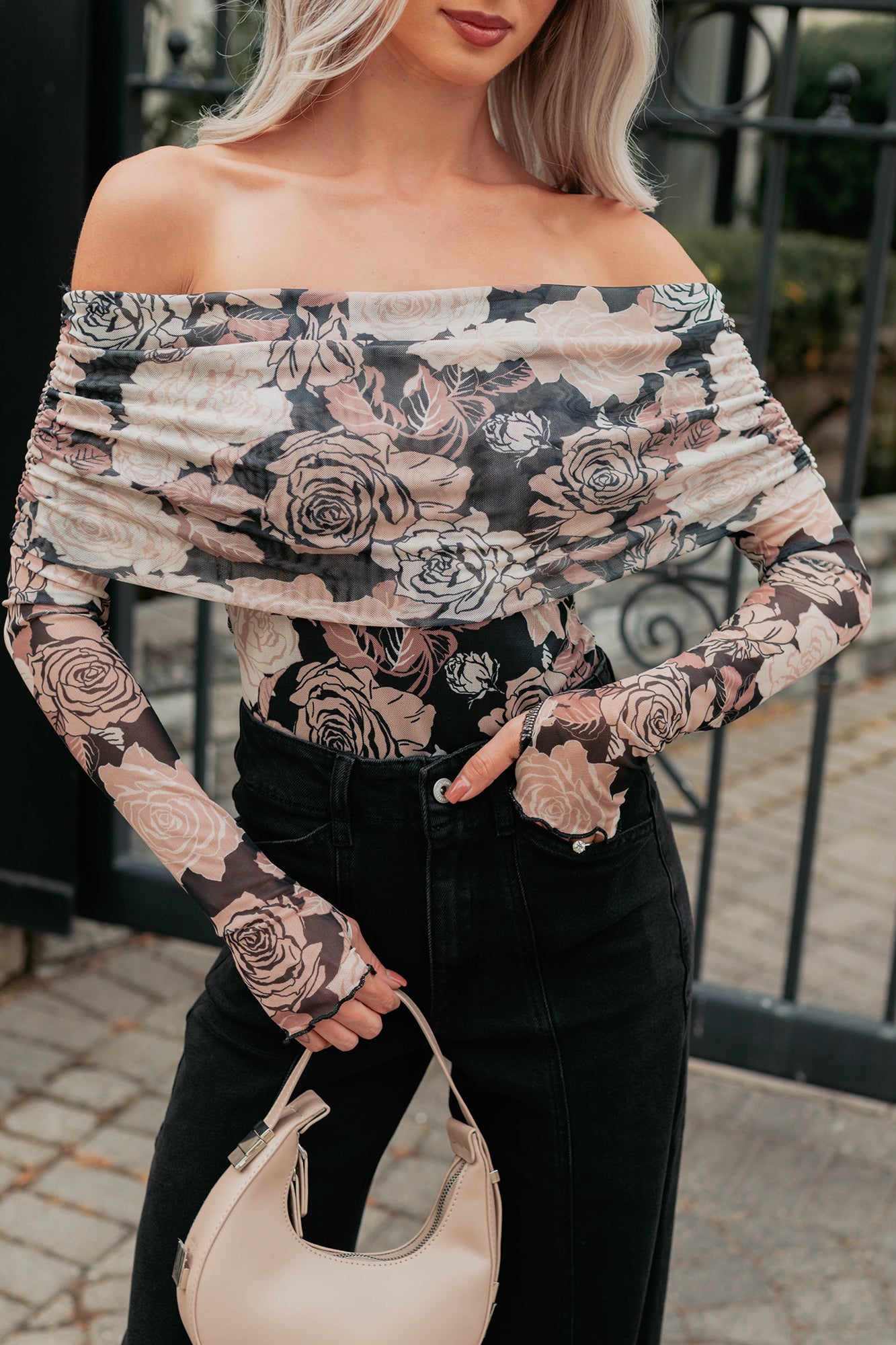 Feeling Rosy Off The Shoulder Floral Bodysuit (Black/Sand) - NanaMacs