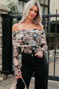 Feeling Rosy Off The Shoulder Floral Bodysuit (Black/Sand) - NanaMacs