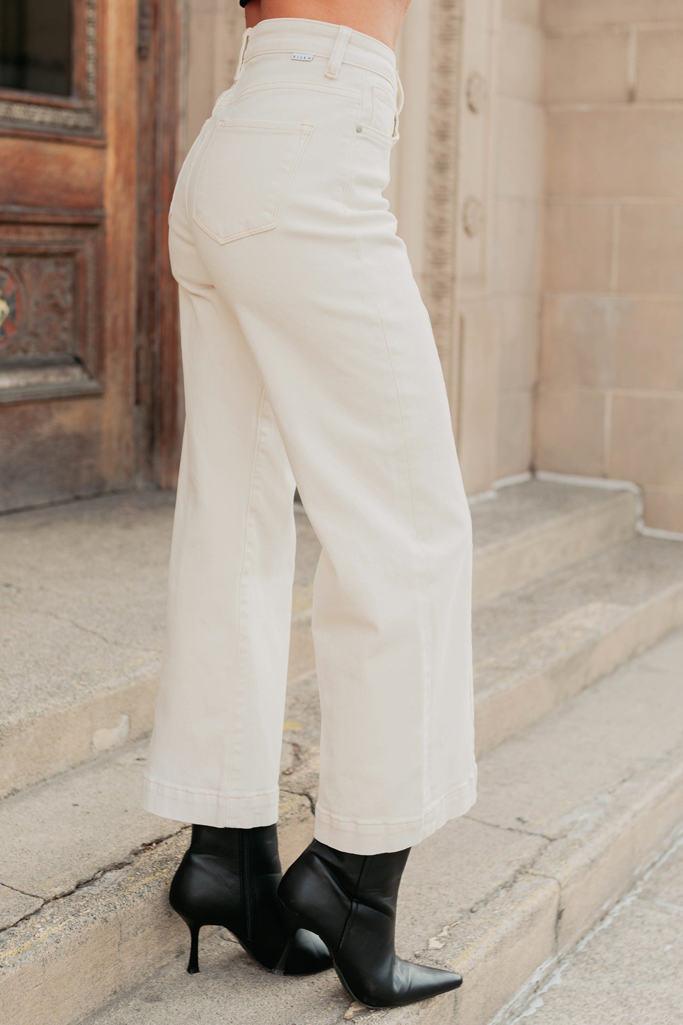 Maizie Tummy Control Wide Leg Cropped Risen Jeans (Ivory) - NanaMacs