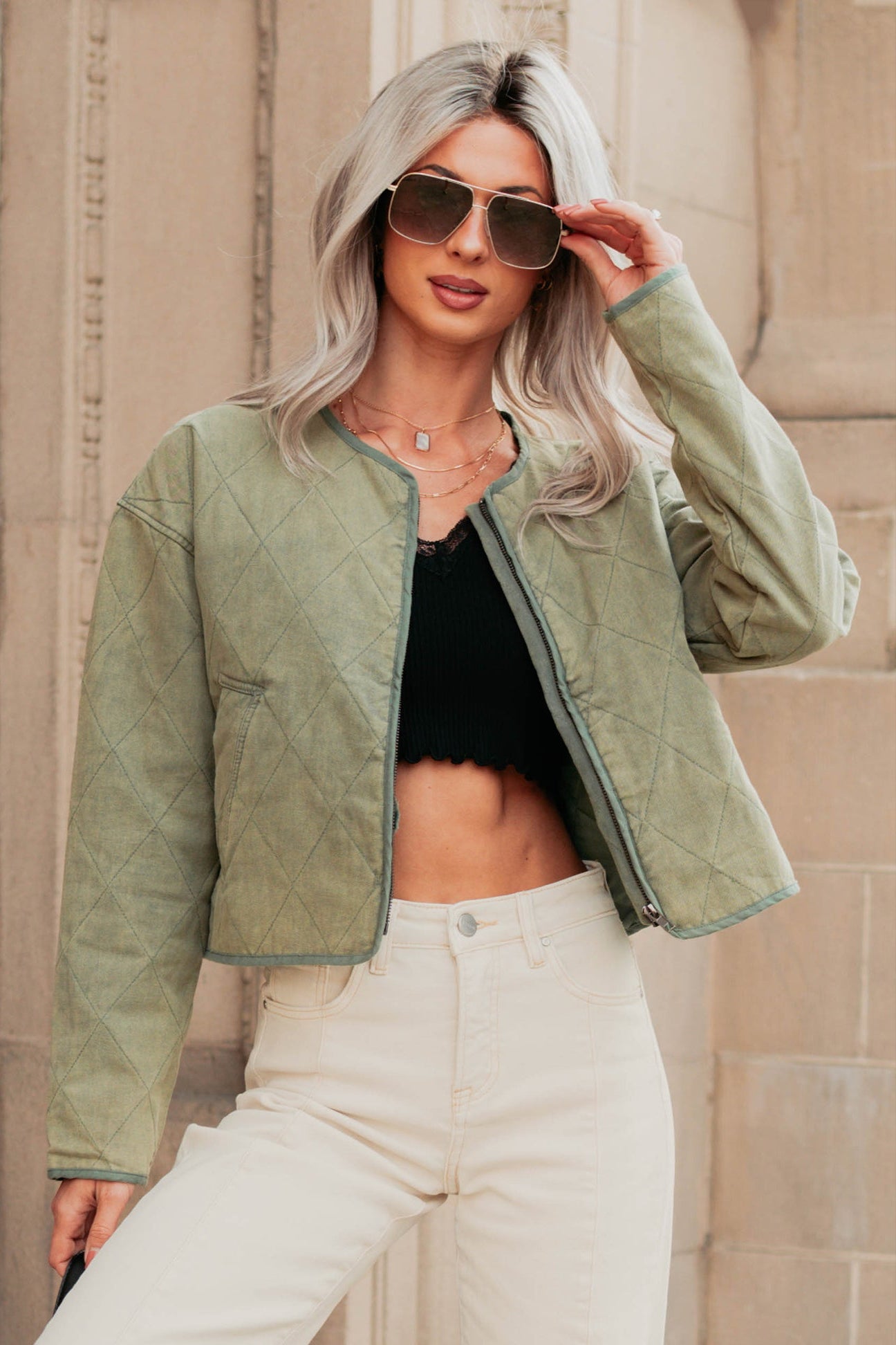 Natural Essence Quilted Zip-Up Jacket (Vintage Olive) - NanaMacs