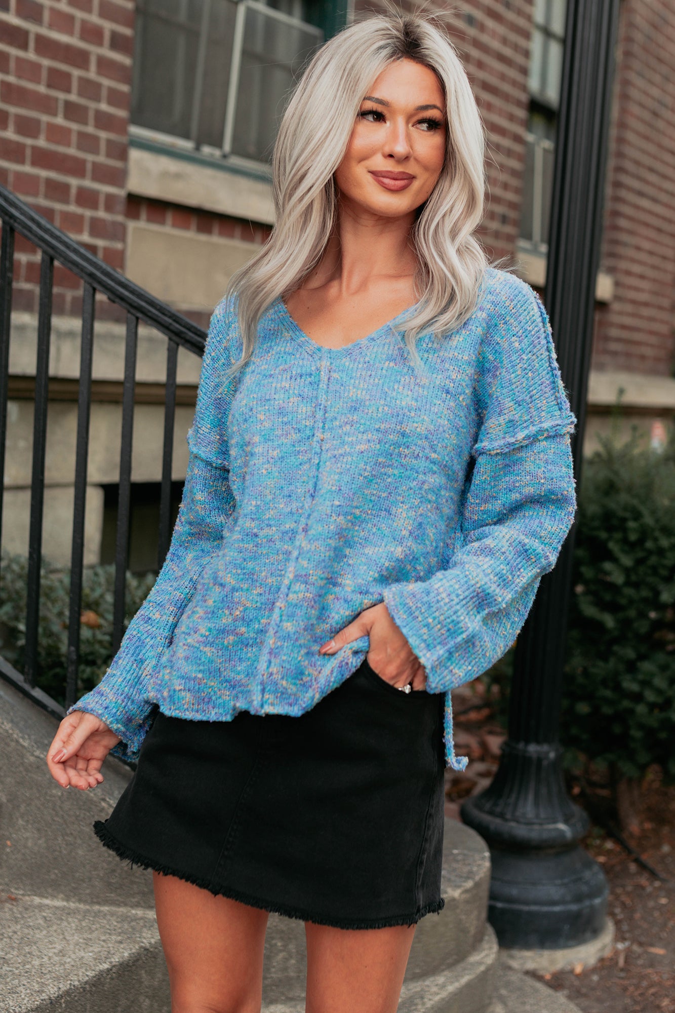 Peace Priority Oversized Knit Sweater (Blue Mix) - NanaMacs