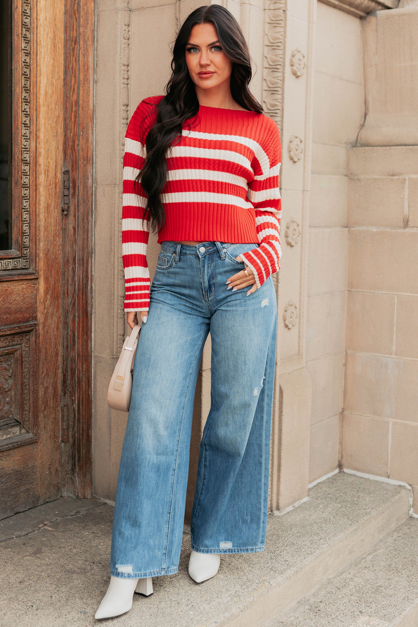 Give And Take Striped Boat Neck Sweater (Red) - NanaMacs