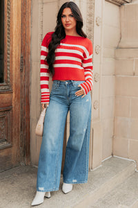 Give And Take Striped Boat Neck Sweater (Red) - NanaMacs