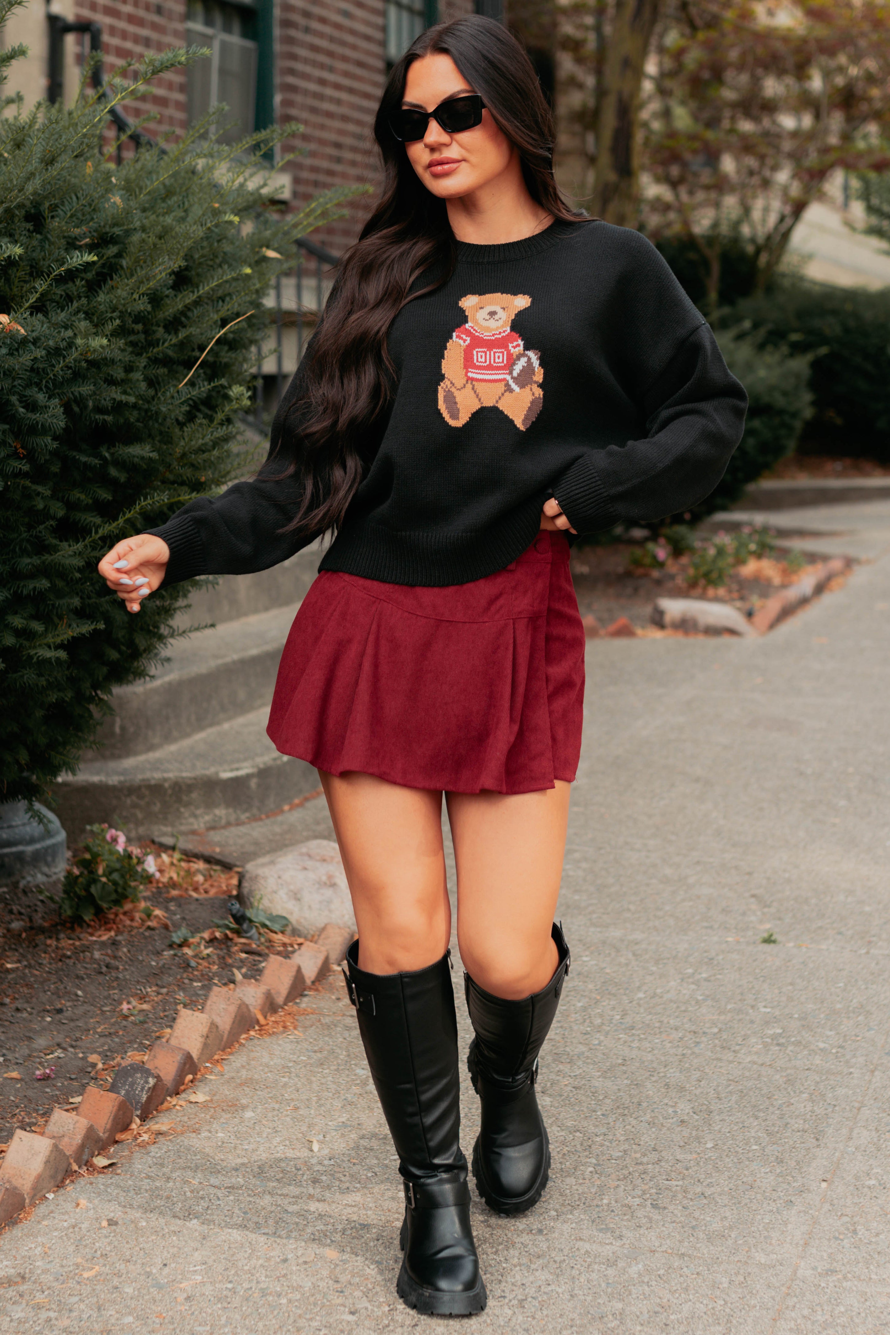 Playing For Keeps Teddy Bear Graphic Sweater (Black/Red) - NanaMacs