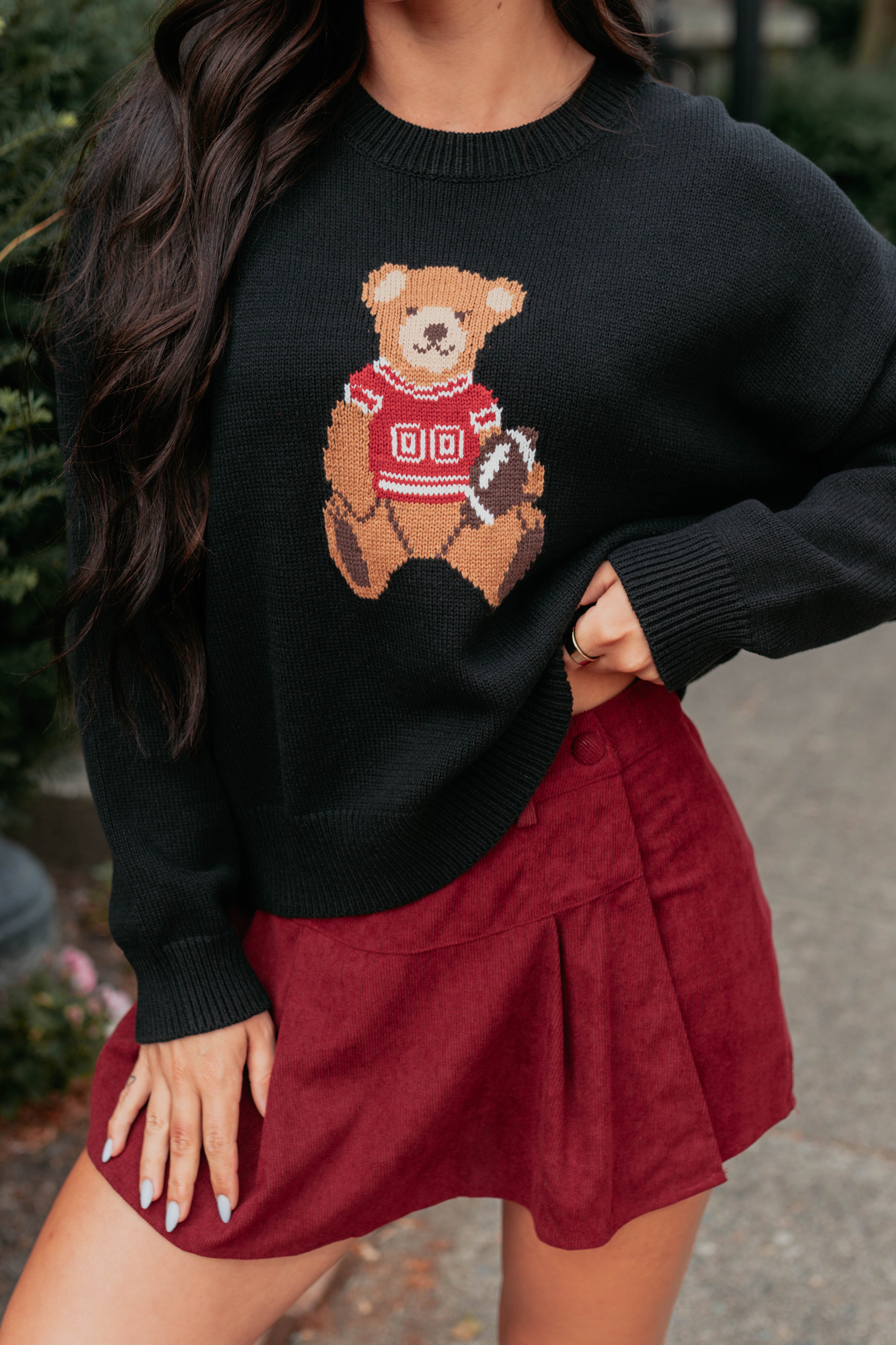 Playing For Keeps Teddy Bear Graphic Sweater (Black/Red) · NanaMacs