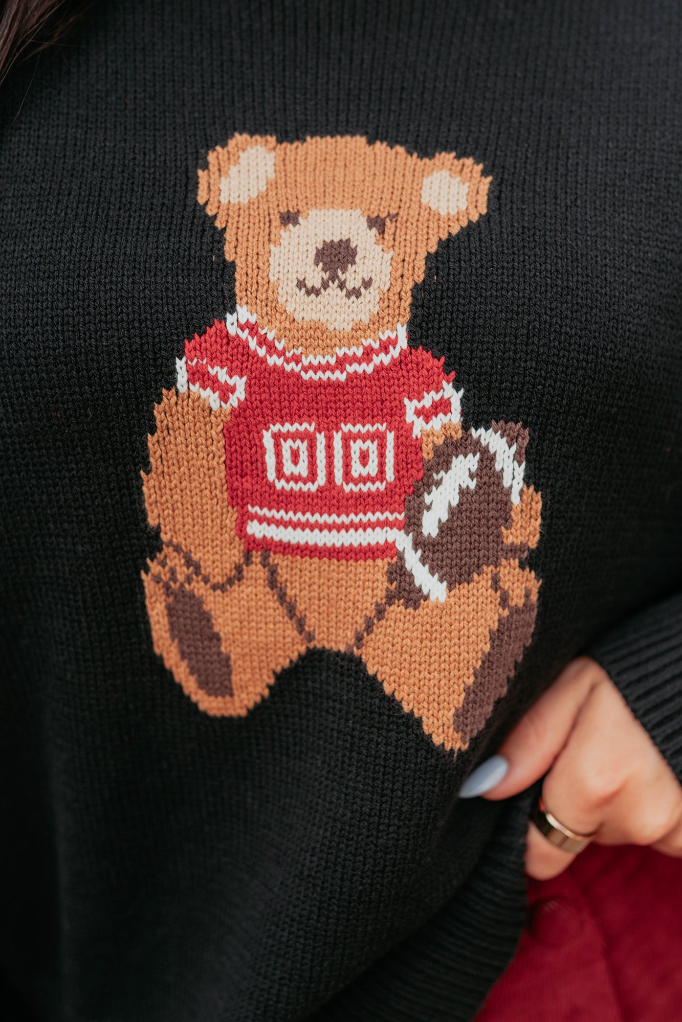 Playing For Keeps Teddy Bear Graphic Sweater (Black/Red) - NanaMacs