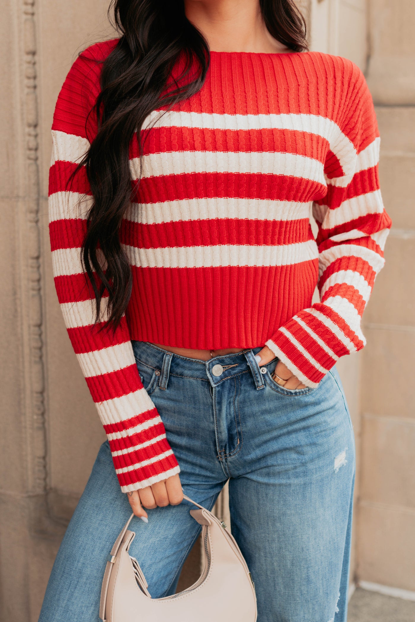 Give And Take Striped Boat Neck Sweater (Red) - NanaMacs