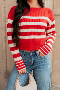Give And Take Striped Boat Neck Sweater (Red) - NanaMacs