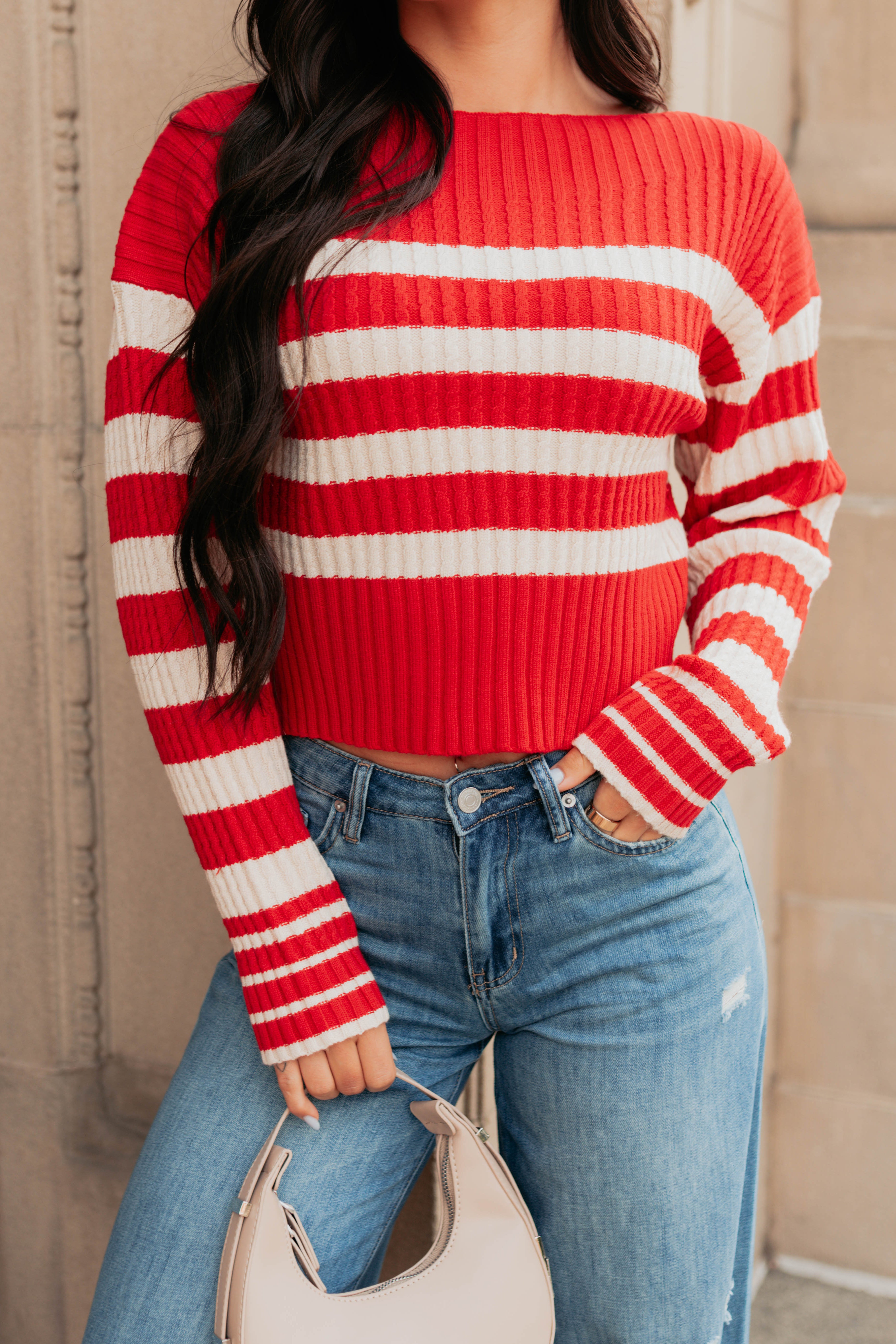 Give And Take Striped Boat Neck Sweater (Red) - NanaMacs
