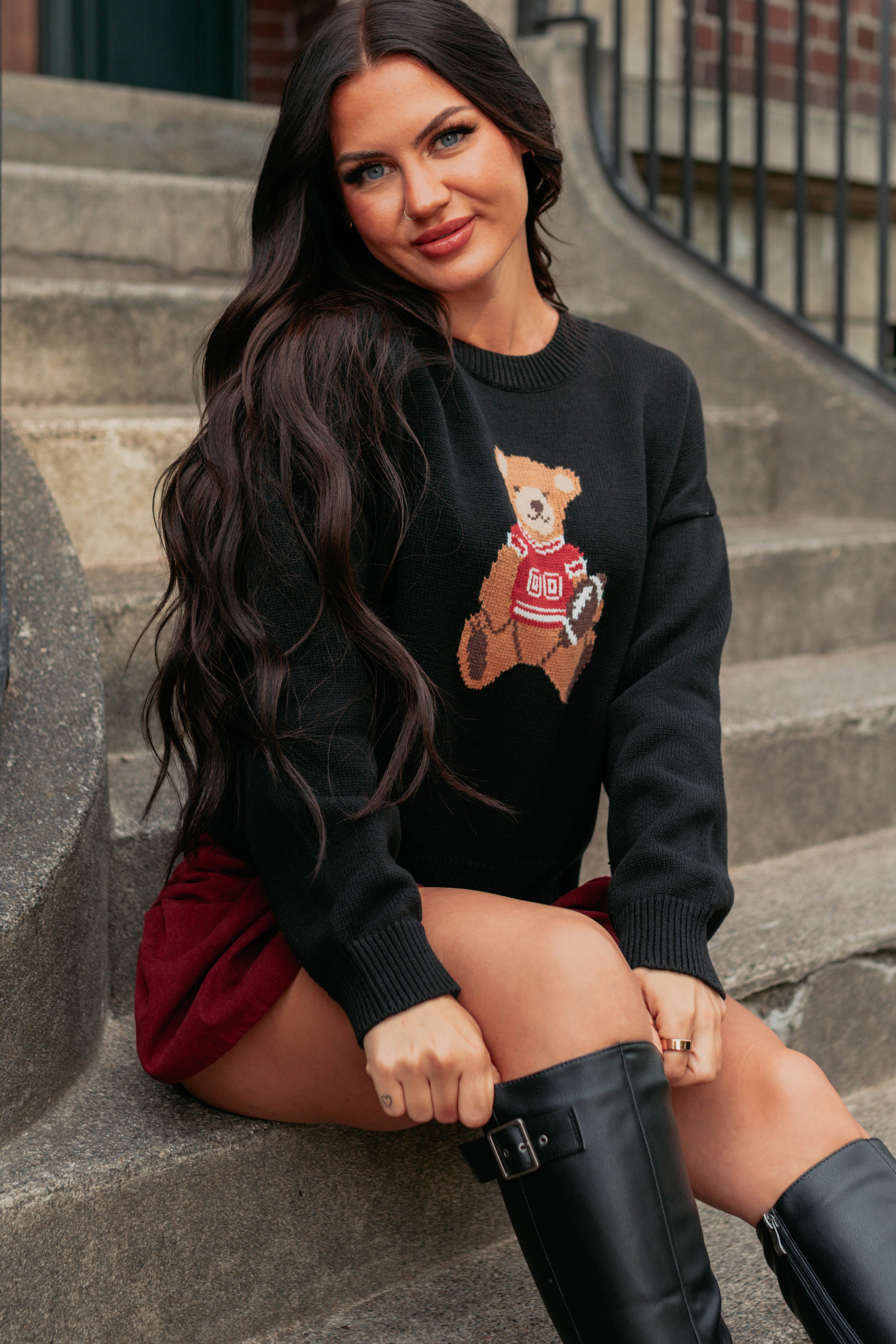 Playing For Keeps Teddy Bear Graphic Sweater (Black/Red) - NanaMacs