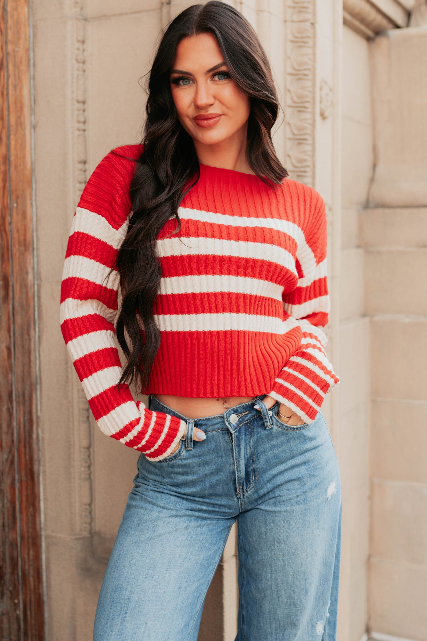 Give And Take Striped Boat Neck Sweater (Red) - NanaMacs