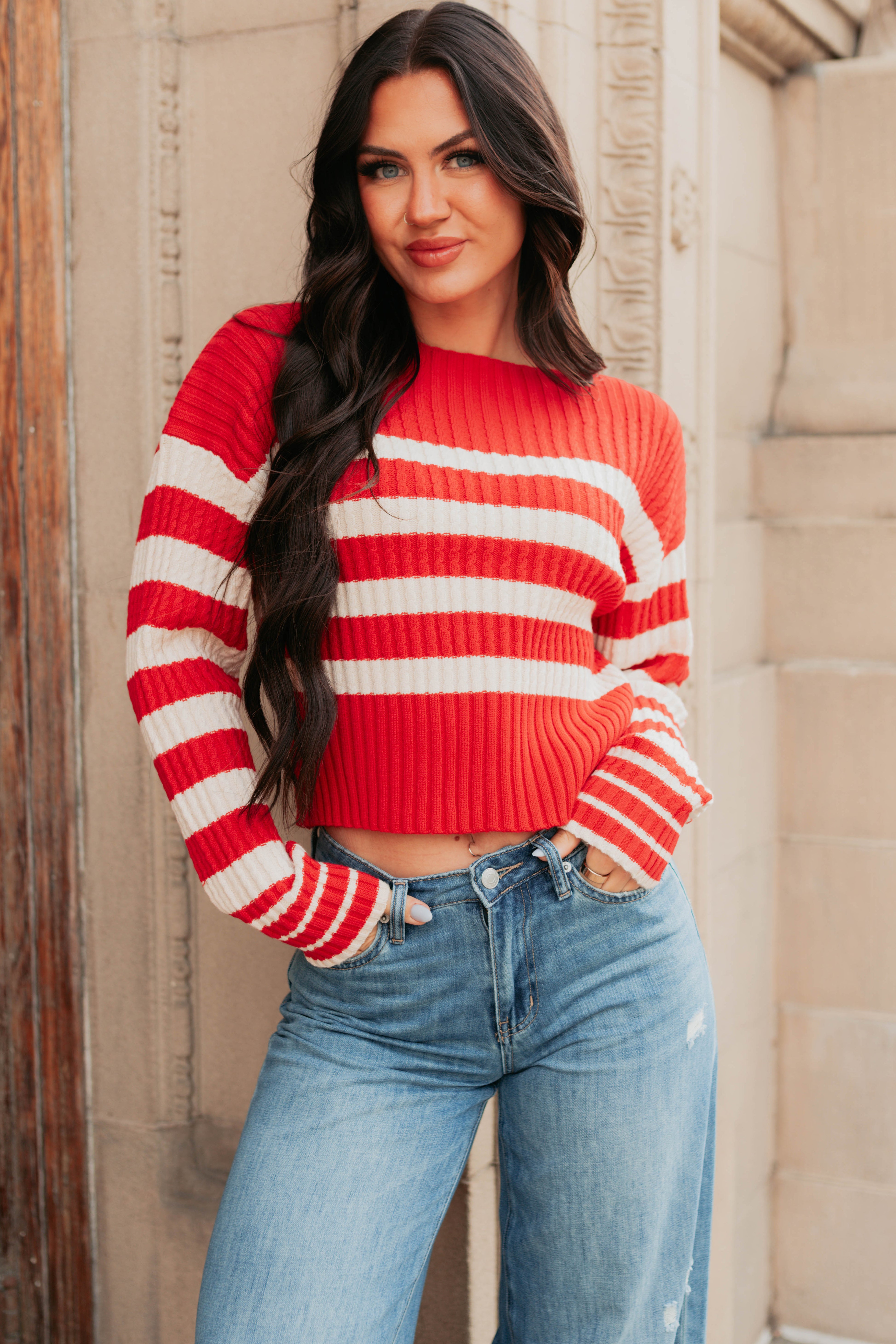 Give And Take Striped Boat Neck Sweater (Red) - NanaMacs