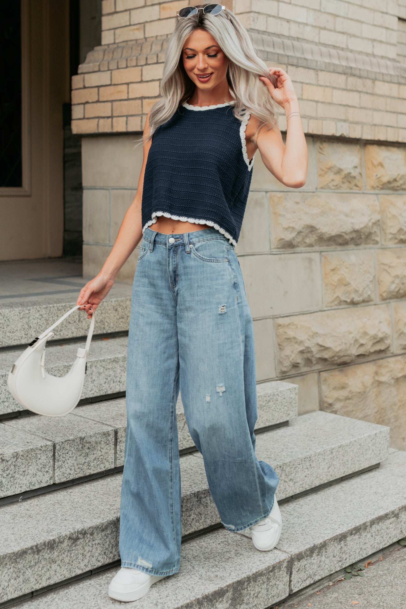 Keep It Up Scallop Trim Sleeveless Knit Top (Navy/Cream) - NanaMacs