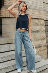 Keep It Up Scallop Trim Sleeveless Knit Top (Navy/Cream) - NanaMacs