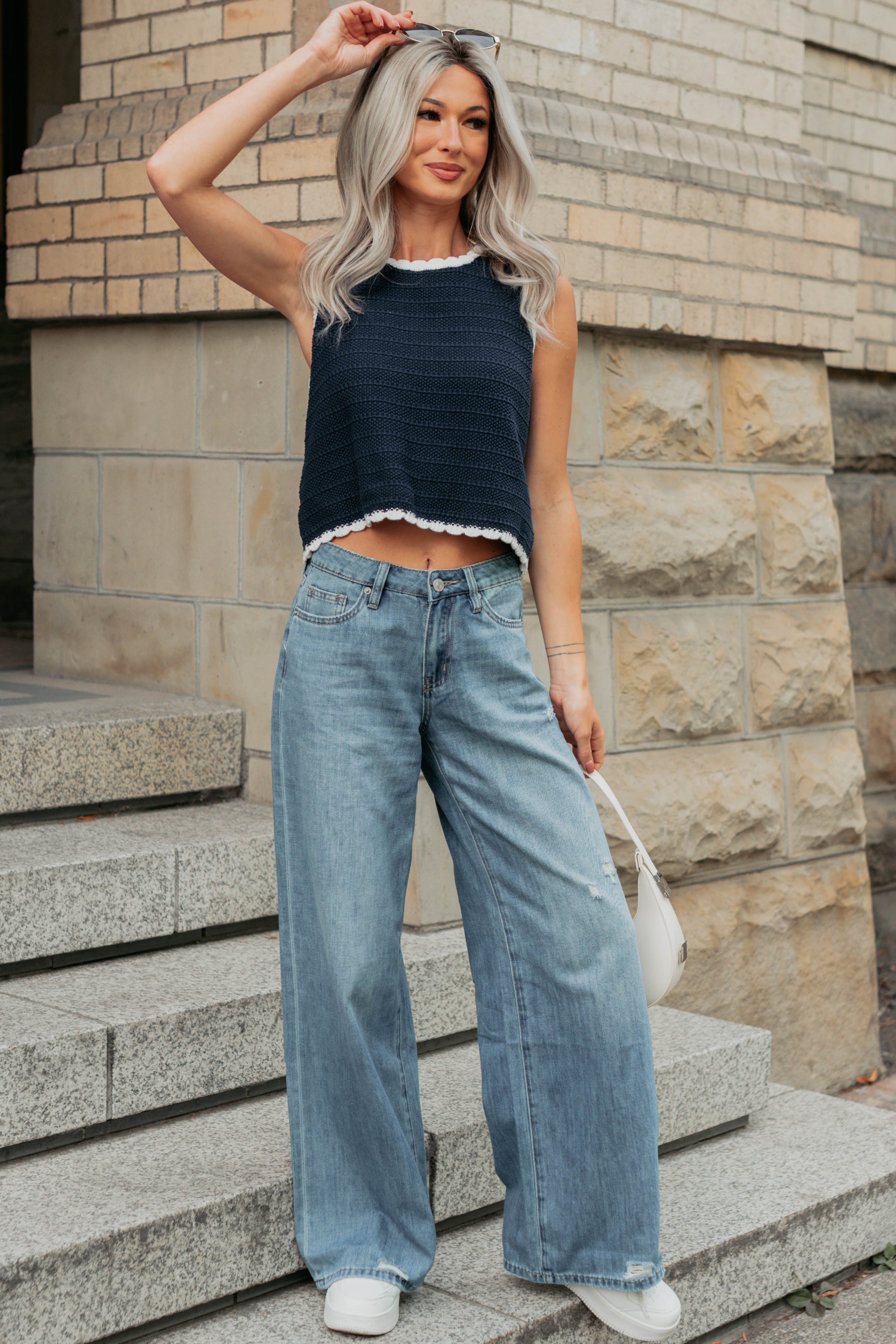 Keep It Up Scallop Trim Sleeveless Knit Top (Navy/Cream) - NanaMacs