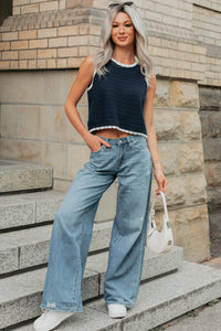 Keep It Up Scallop Trim Sleeveless Knit Top (Navy/Cream) - NanaMacs