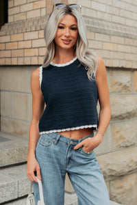 Keep It Up Scallop Trim Sleeveless Knit Top (Navy/Cream) - NanaMacs