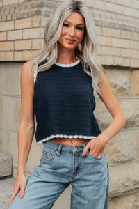 Keep It Up Scallop Trim Sleeveless Knit Top (Navy/Cream) - NanaMacs