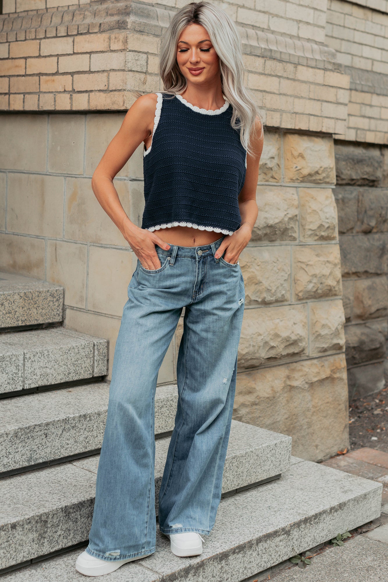 Keep It Up Scallop Trim Sleeveless Knit Top (Navy/Cream) - NanaMacs