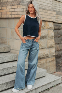 Keep It Up Scallop Trim Sleeveless Knit Top (Navy/Cream) - NanaMacs