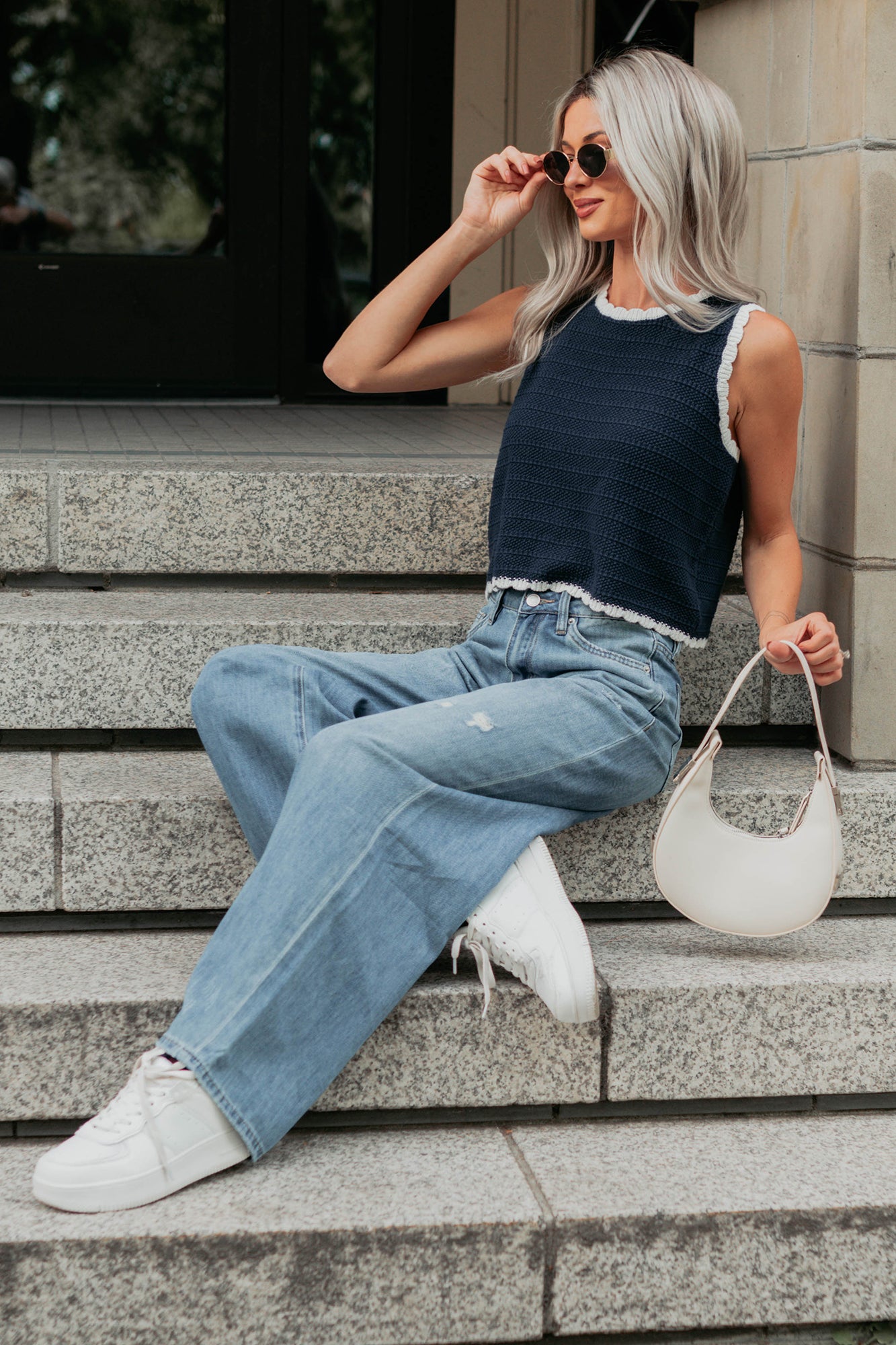 Keep It Up Scallop Trim Sleeveless Knit Top (Navy/Cream) - NanaMacs