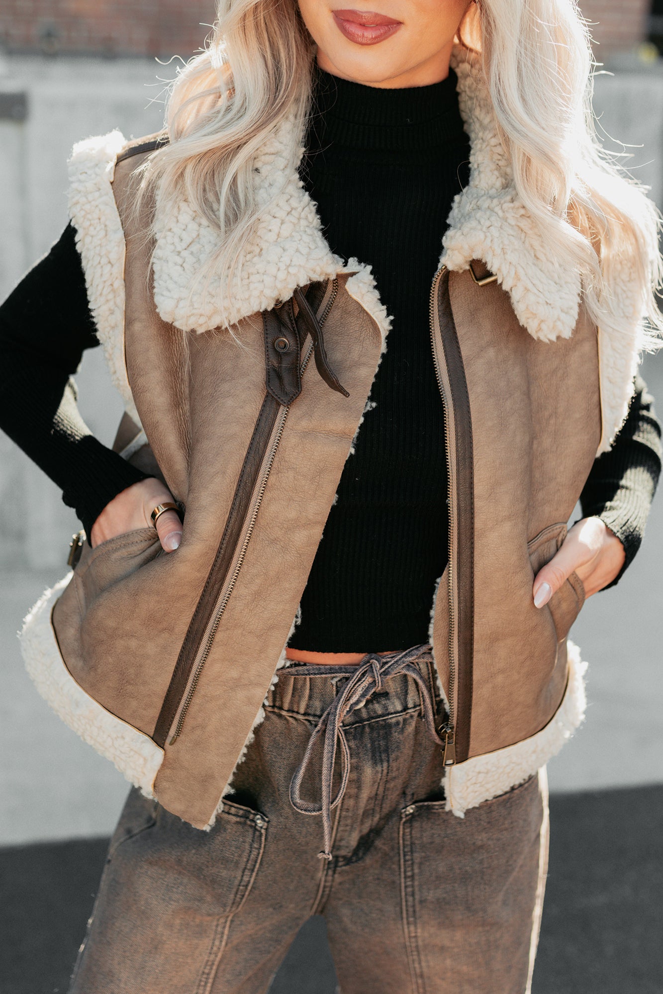 Pure Chill Sherpa Trim Faux Leather Vest (Truffle) - NanaMacs