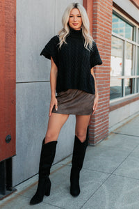 Cozy Escape Short Sleeve Cable Knit Sweater (Black) - NanaMacs