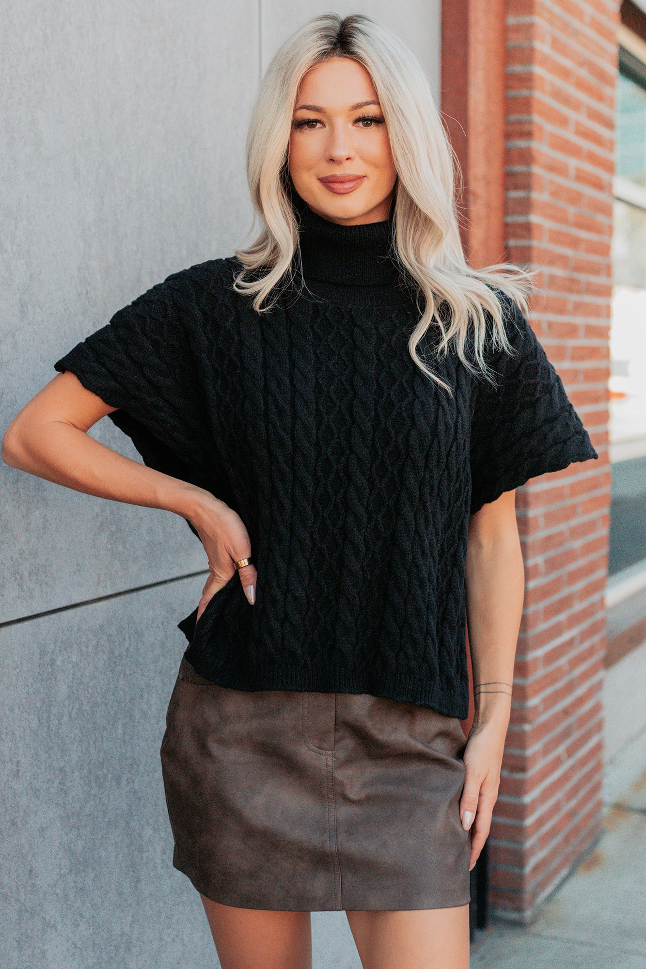 Cozy Escape Short Sleeve Cable Knit Sweater (Black) - NanaMacs