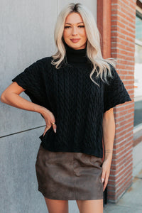 Cozy Escape Short Sleeve Cable Knit Sweater (Black) - NanaMacs