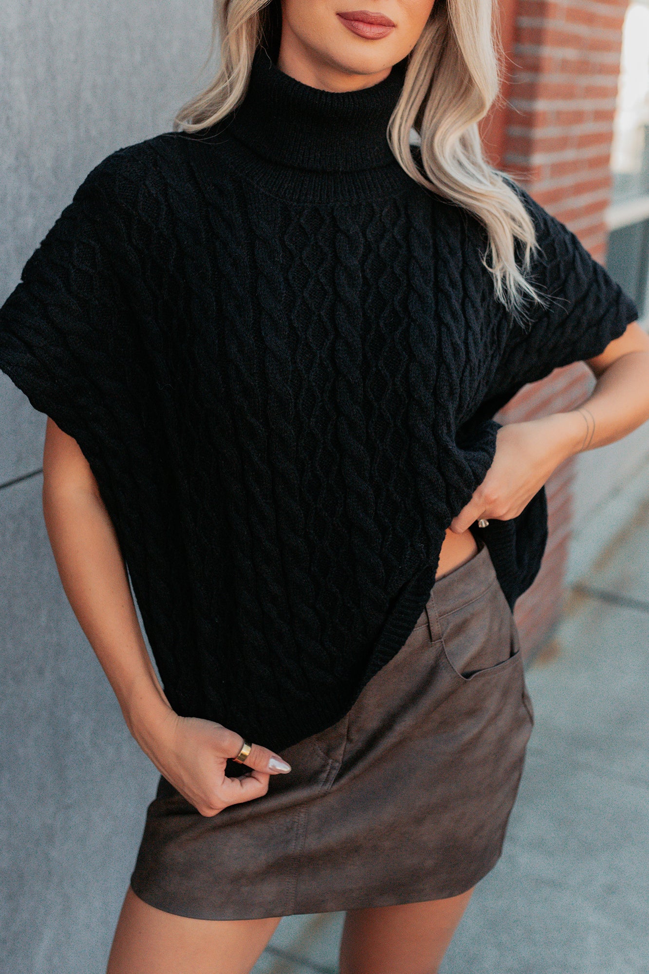 Cozy Escape Short Sleeve Cable Knit Sweater (Black) - NanaMacs