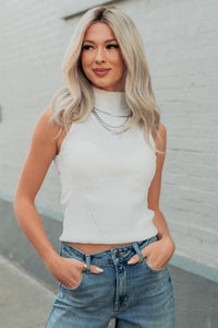Call It Home Ribbed Knit Mock Neck Tank Top (Off White) - NanaMacs